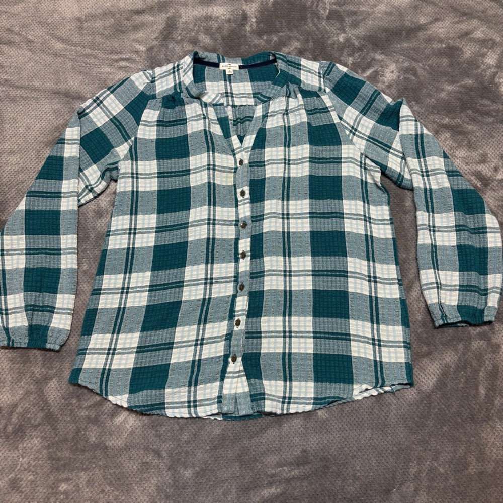 Mason‎ & Belle Teal Plaid Long Sleeve Button Up Top Blouse JFW7263RAZ Large